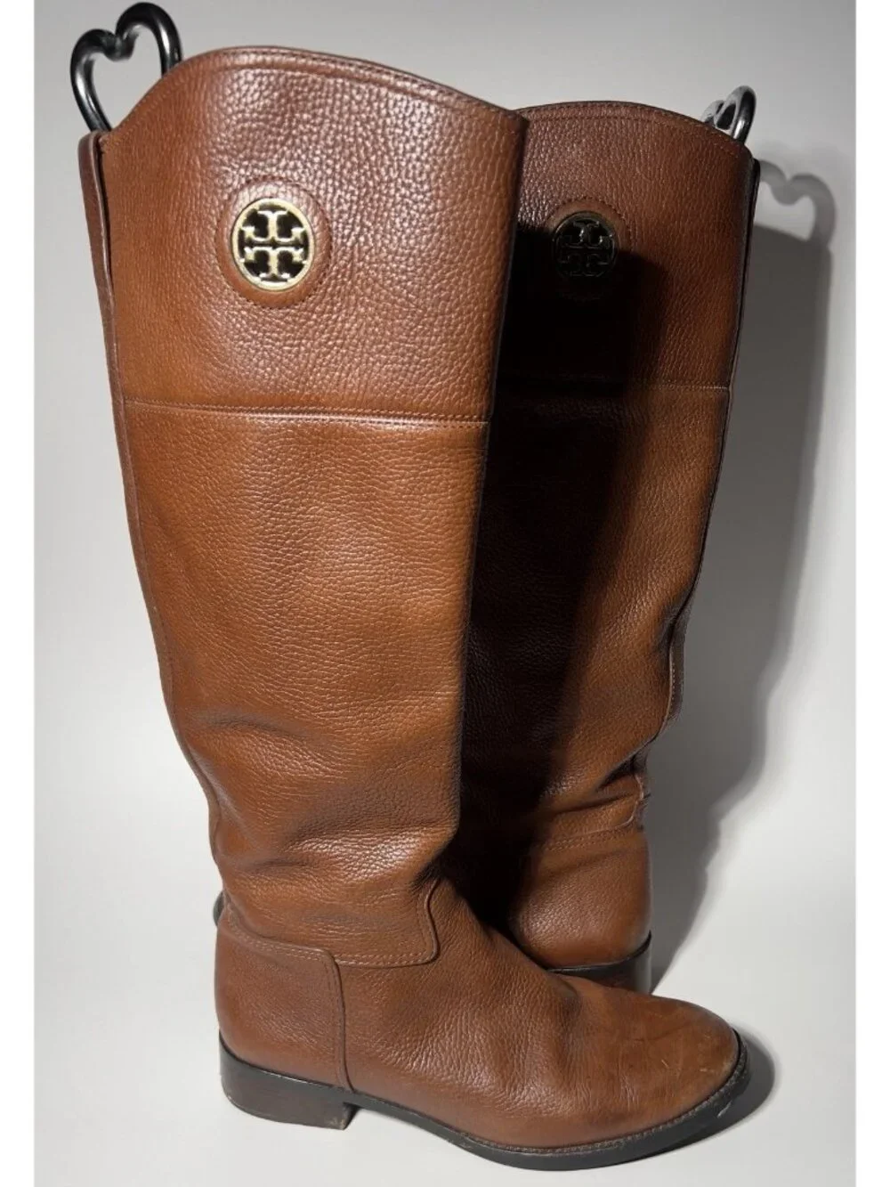 Tory Burch Junction Brown Pebbled Leather Riding Boots Size 8M Gold Logo